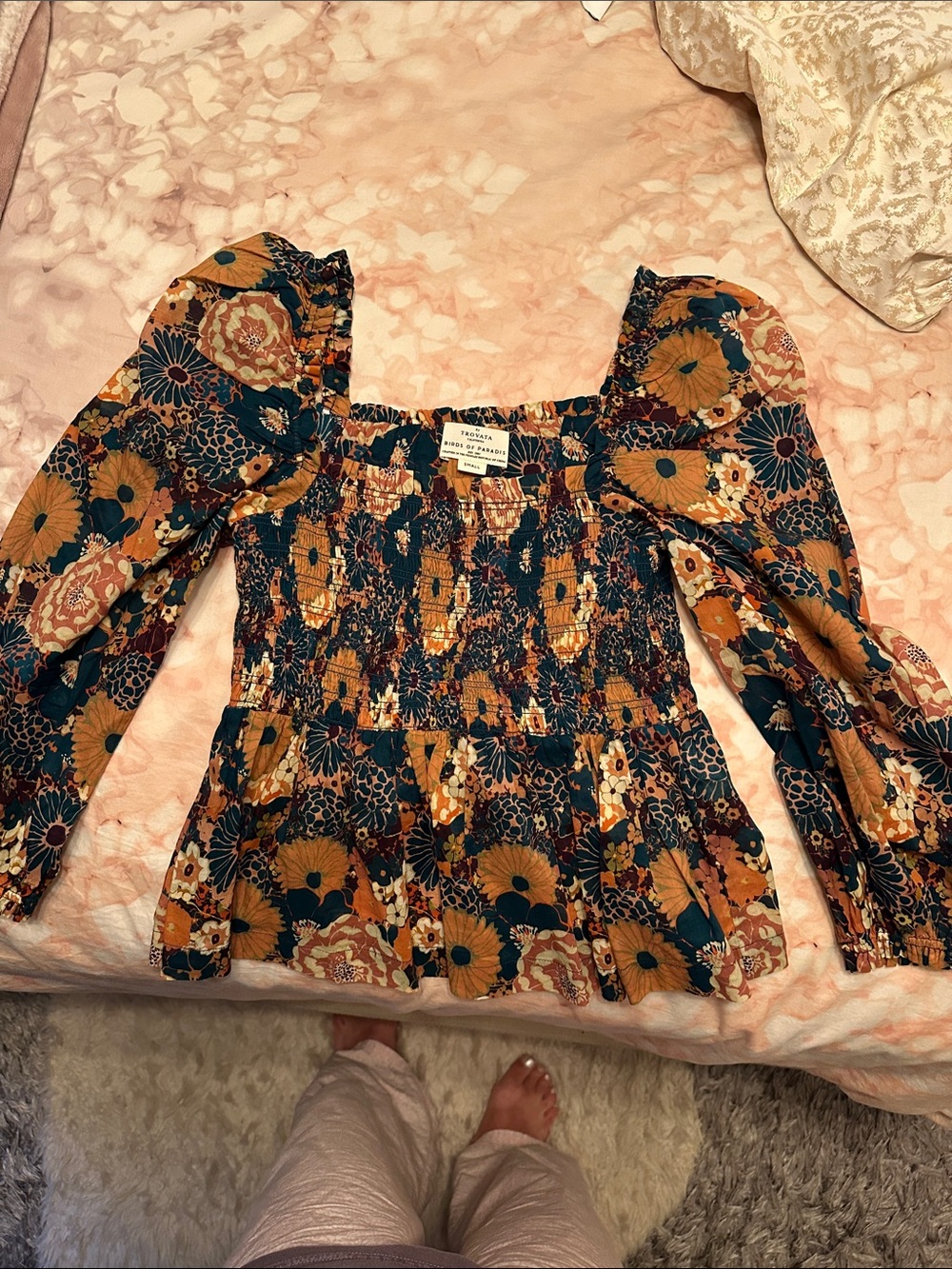 Smocked Square-Neck Floral Blouse in Teal & Rust